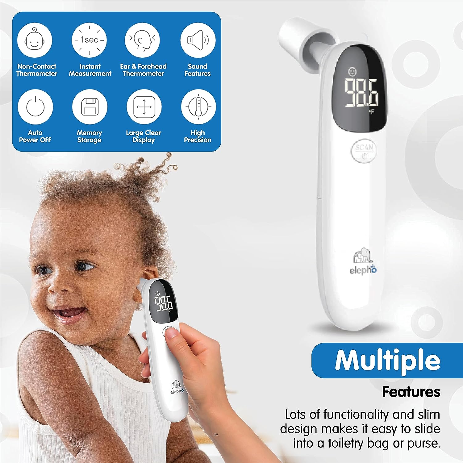 Baby Ear Infrared Rechargeable USB Thermometer Elfos Fast Detect Forehead And Ear Thermometer