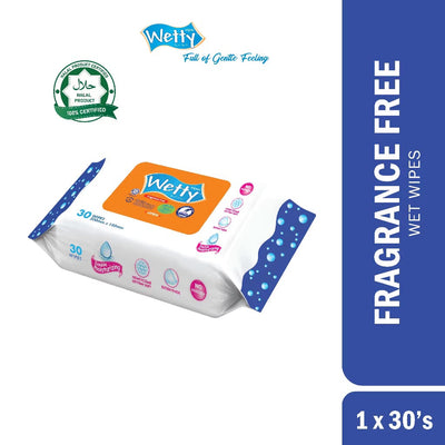 Wetty Wet Tissue Fragrance Free Extra Thick Honeycomb Halal Wet Wipes 1 x 30's