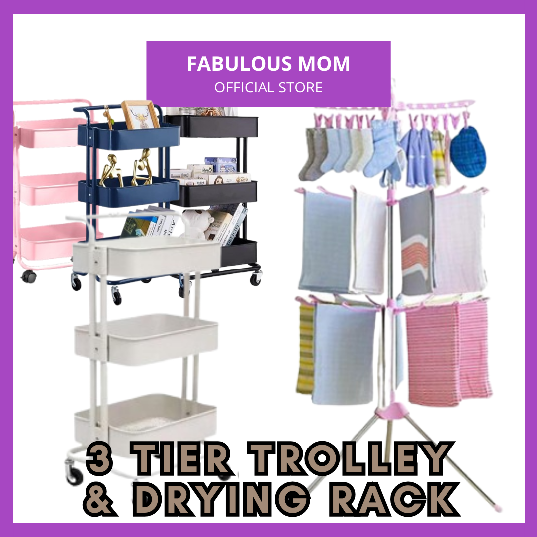 3 Tiers Trolley & Drying Rack Storage Utility Plastic Rack Clothes Drying